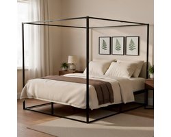 CLP Hemelbed 2 persoonsbed Batoni - voor volwassenen - Bedframe en lattenbodem uit metaal - Stevig metalen bed - 180x200 zwart