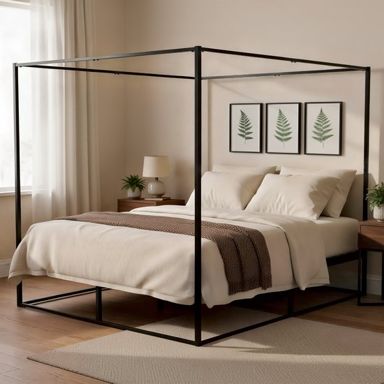 Lit à baldaquin double CLP Batoni - pour adultes - Cadre de lit en métal et sommier à lattes - Lit en métal robuste - 180 x 200 cm, noir