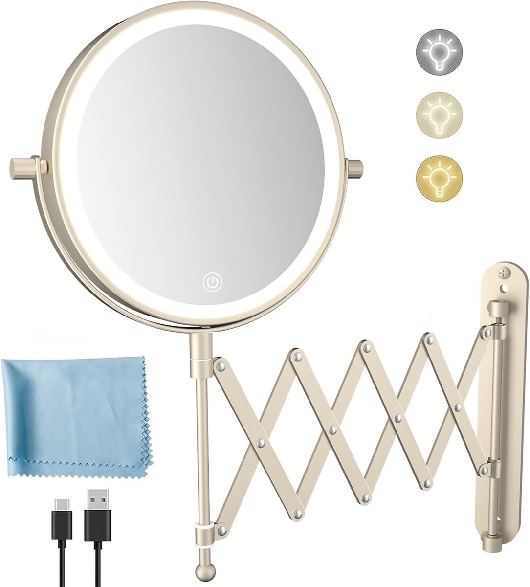 Oplaadbare Make-upspiegel met 1x/10x Vergroting en 3 Kleuren Verlichting - Wandspiegel voor Badkamer en Hotel