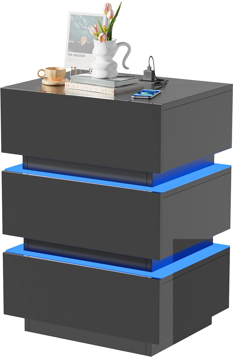 PIPIPOXER-LED-nachtkastje met stopcontact en USB-aansluiting, hoogglans afwerking met 3 lades, 16 RGB-lampjes, 45x35x61cm-Zwart