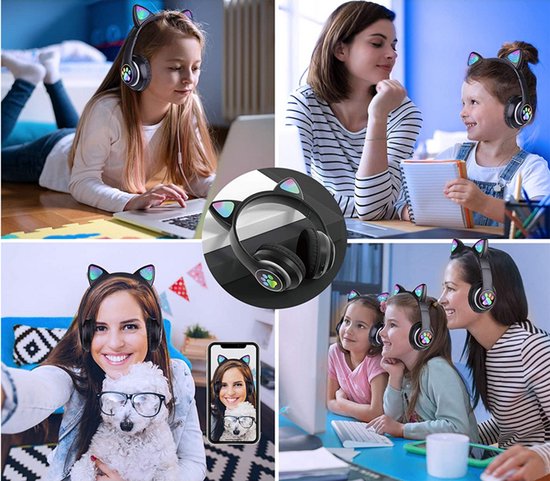 Draadloze Bluetooth Koptelefoon met FM, MP3 & LED Kattenoren–bluetooth koptelefoon–bluetooth headset– Draadloze Koptelefoon voor Kinderen–Led Verlichting –Katten Oortjes–zwart–55640