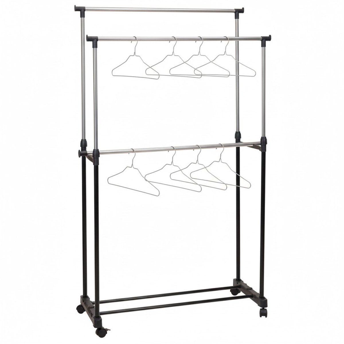 5Five Kledingrek - incl 10x kledinghangers - op wieltjes - dubbele stang - verstelbaar - 160 cm - metaal
