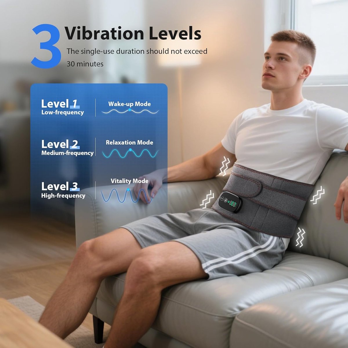 Verwarmde lendenmassageapparaat, verwarmingskussen voor de rug, verwarmingskussen voor de buik, verwarmde vibrerende riem met drie instelbare standen, touchscreenbediening, verstelbare maat (grijs)