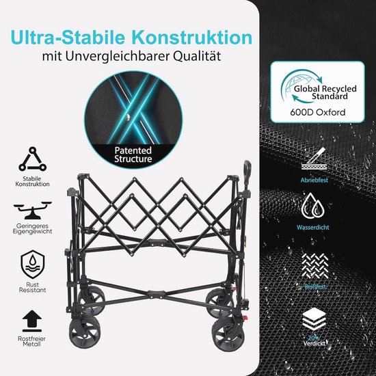 Opvouwbare Bolderkar 350L met Extra Brede Banden - 150KG Capaciteit - Strandkar & Transportkar - Zwart van Merkloos — afbeelding 3