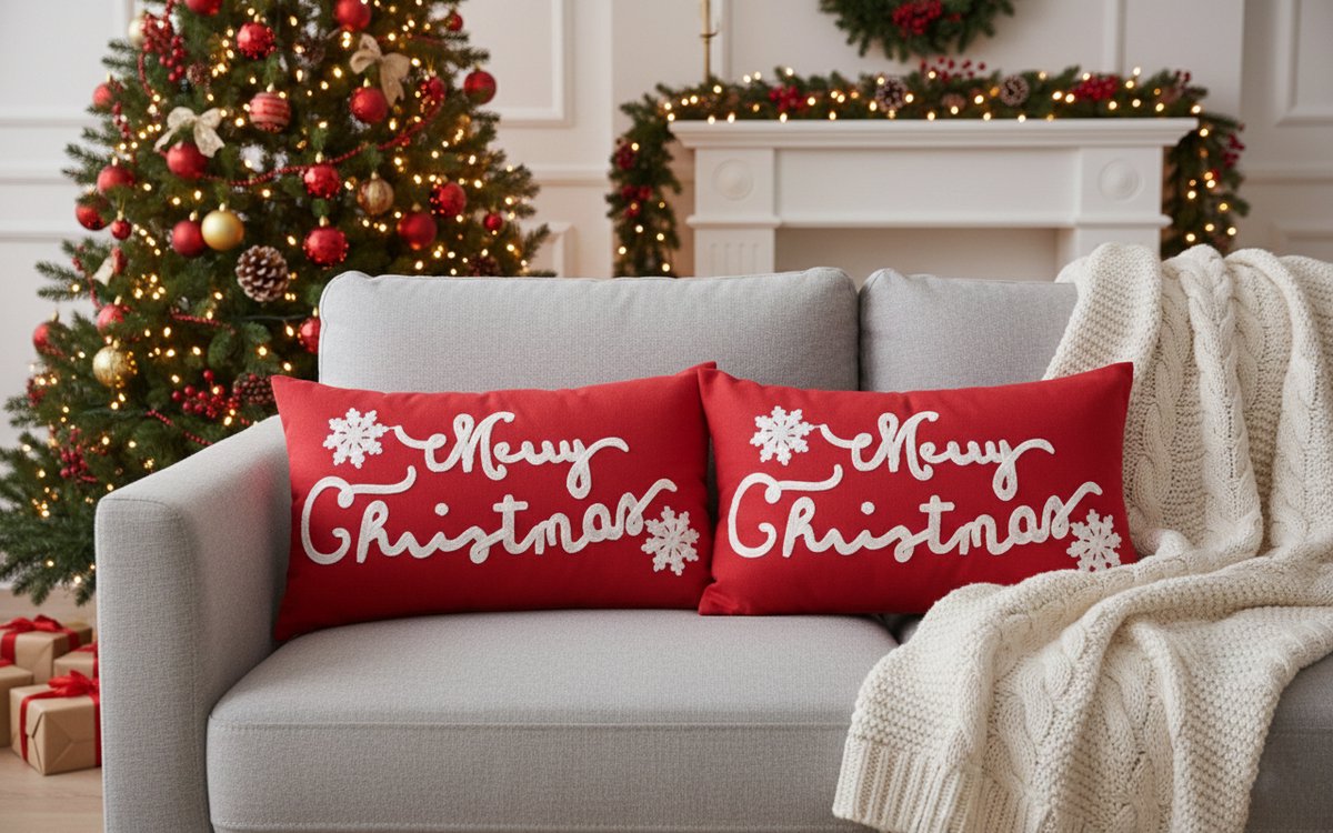 Kerstkussen Set van 2 Kussenhoezen Rechthoek - Kerst Kussenhoes - Kussenhoesjes - Geborduurd Vrolijk Kerstfeest - 30x50 cm - Katoen - Voor Binnen - Rood/Wit - Zonder Binnenkussen