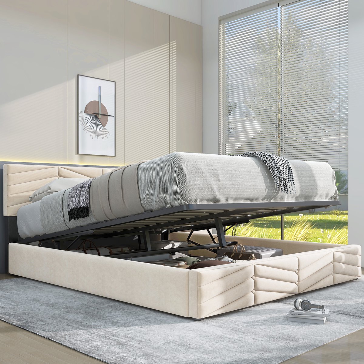 REDOM bedframe 140x190 cm – Fluweel beige – Verstelbaar hoofdbord – 9 cm dik – 12 latten – 300 kg