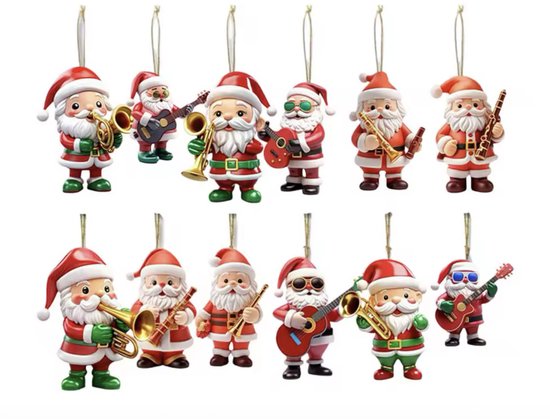 Set van 12 kersthangers: kerstmannen met instrumenten zoals gitaren, trompetten en saxofoons.