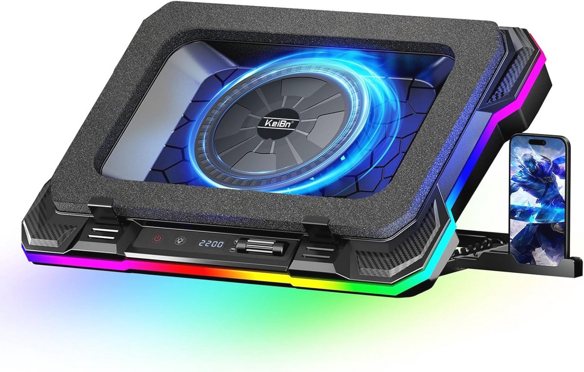 Gaming Laptop Koeler met 360° Koeling en 10 RGB Lichtmodi - Verstelbare Hoogte, USB-Hub