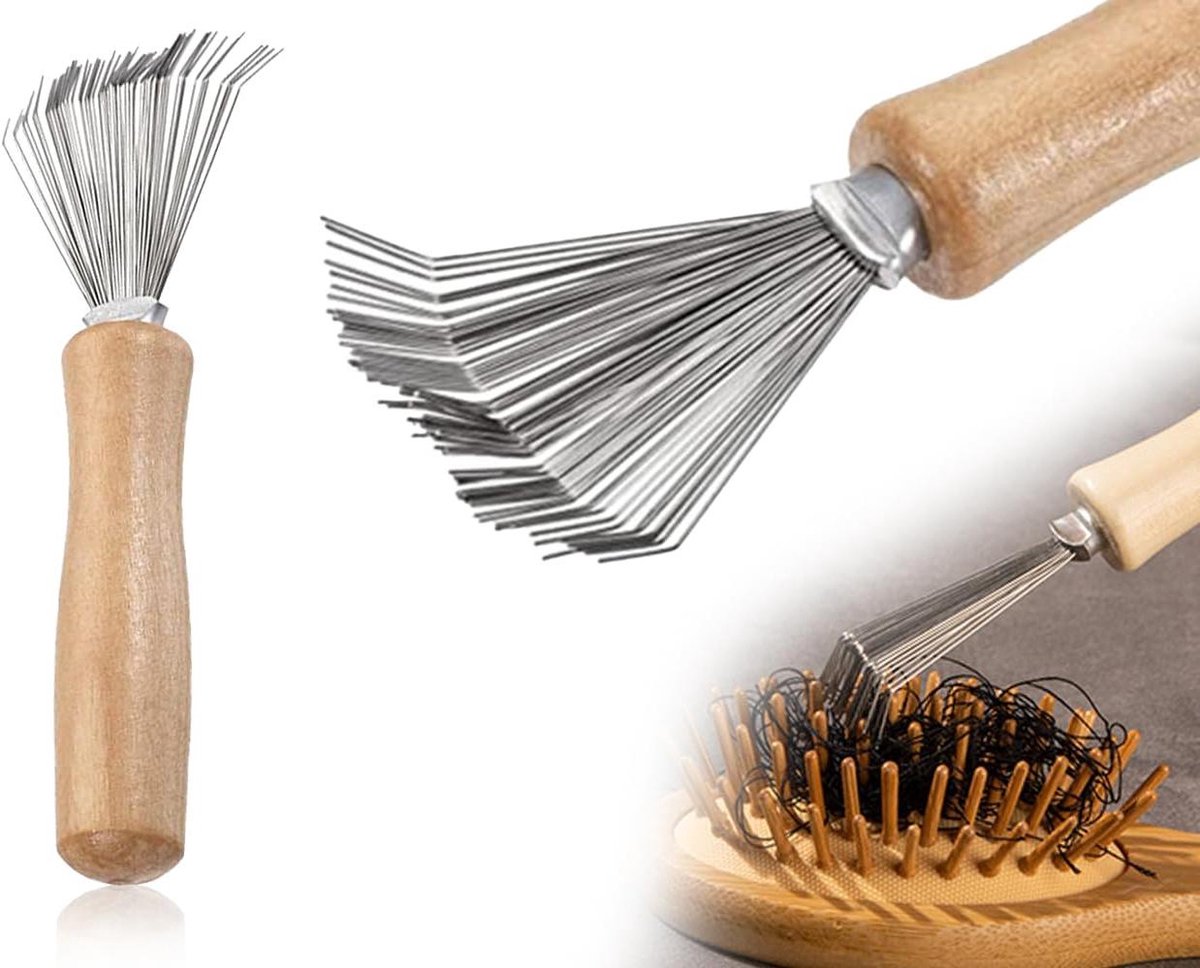 E-Ambar - Handige borstelreiniger voor haarborstels en kammen met houten handvat