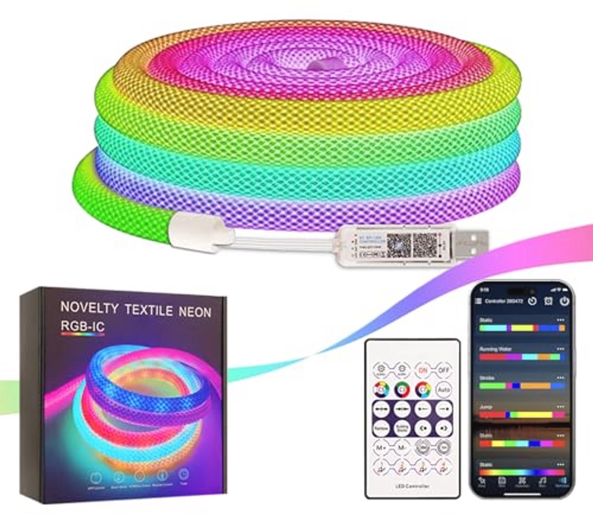 RGB 360 Graden Ronde Neon LED Strip - 2 Meter, 50 LED's per Meter, 5V, IP65 Waterdicht, Flexibel, Droomkleuren Chaser Effect voor Feesten en Decoratie