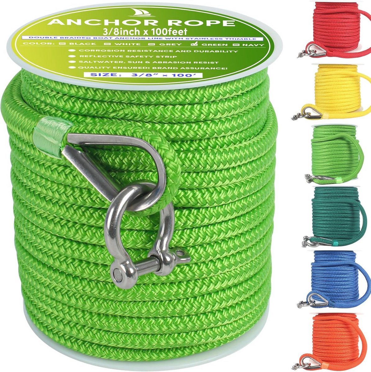 Dubbel Gevlochten Nylon Ankertouw 45,7 m - Bootankertouw met Reflecterende Strip en Vingerhoed