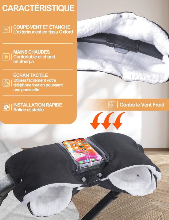 Winterhandwarmer voor Kinderwagens met Telefoonzakje - Zachte Fleece en Katoenen Handschoenen, Waterdicht en Winddicht — afbeelding 4