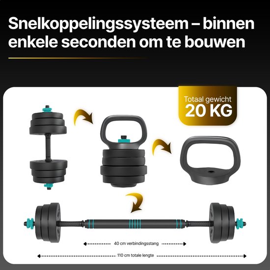 Luxari - Kettlebell de haute qualité - Réglable - de 2,25 à 10 kilos - Incl. 6 disques - Home Sports - Zwart - Kettlebell 10 kg - Dumbell 10 kg - Kettlebel