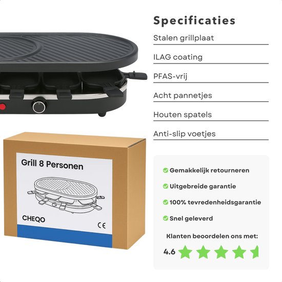 Cheqo® Raclette Grill 8 Personen - Compacte Raclette Grill - Stalen Grillplaat - Antiaanbaklaag - PFAS-Vrij - Gourmet - Gourmetten - Anti-Slip Voetjes - Houten Spatels - Eenvoudig Te Reinigen — afbeelding 5
