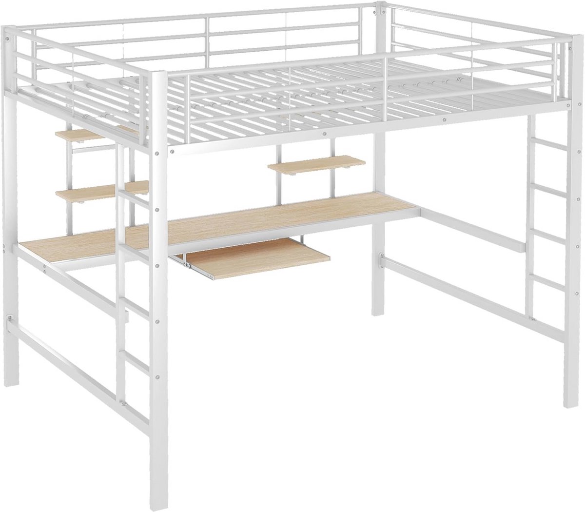 Tweepersoonsbed Hoogslaper met Bureau en 4 Planken met Toetsenbordlade voor Volwassenen en
