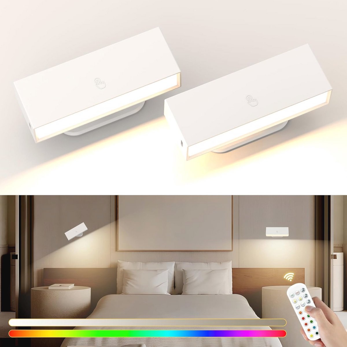 15 kleuren RGB wandlamp voor binnen met USB-opladen - 360° draaibaar en dimbare leeslamp voor slaapkamer en woonkamer - 2 stuks