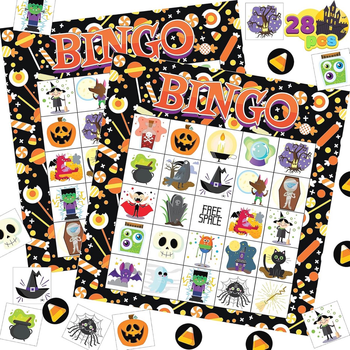 JOYIN 28 Halloween bingo speelkaarten voor school en familieactiviteiten, Halloween-party, Halloween knutselen voor klaslokalen, schoolbenodigdheden, bordspellen