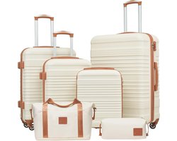 COOLIFE Suitcase set,trolley,suitcase,ABS,hard shell,travel suitcase,4 wheels,TSA lock,retractable trolley,the suitcase includes 1 travel bag and 1 toiletry bag,white/brown.,Suitcase-Set 6tlg,Hard