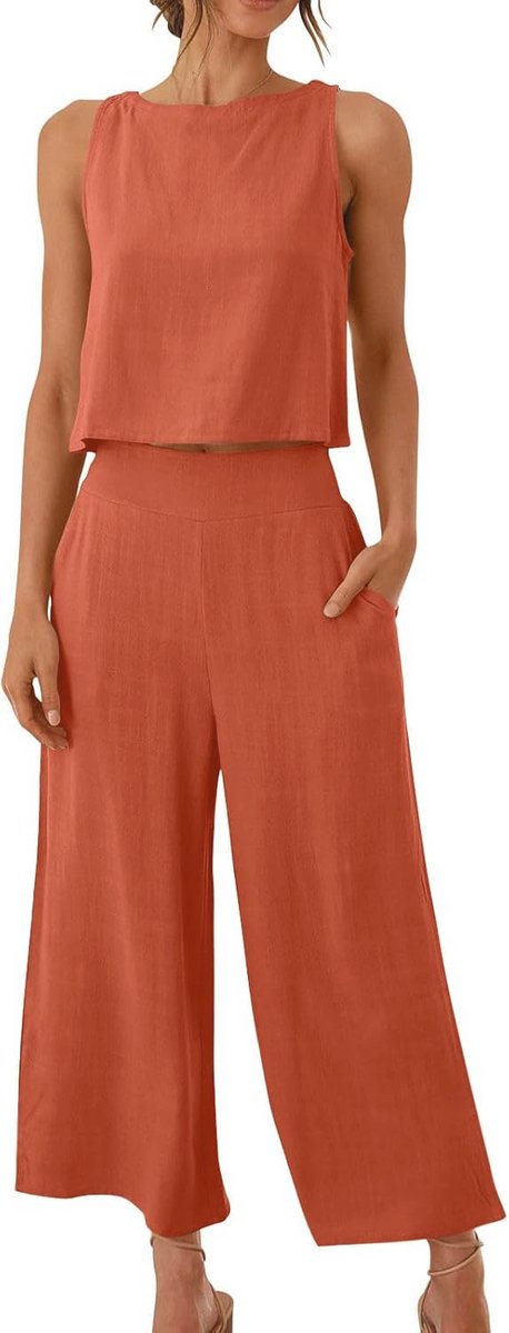 Women's sleeveless crop top with wide trousers, cotton linen set, ideal as summer loungewear or comfortable airport outfit, solid colour, casual co-order, loose fit suit with pockets