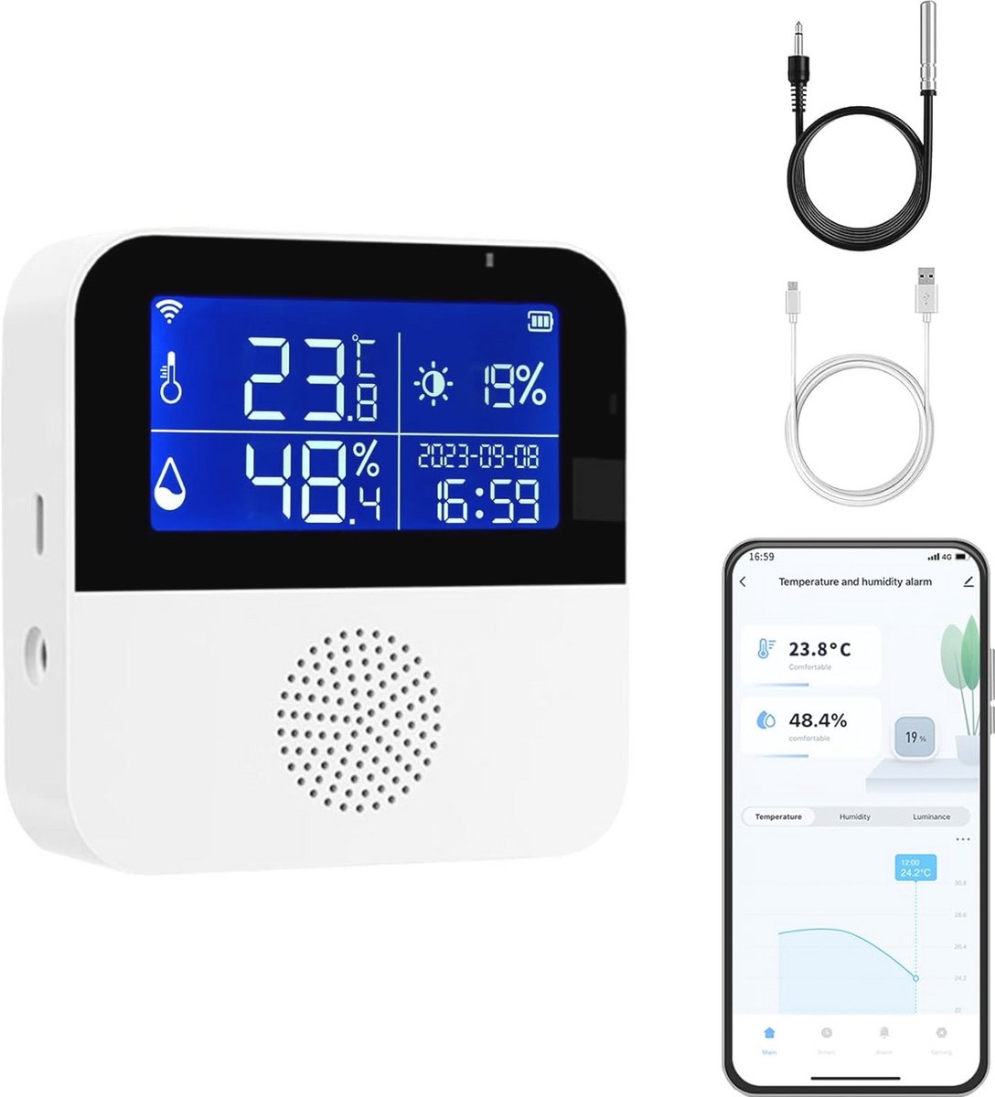 Wifi Temperatuursensor en Hygrometer voor Binnen met Smart App