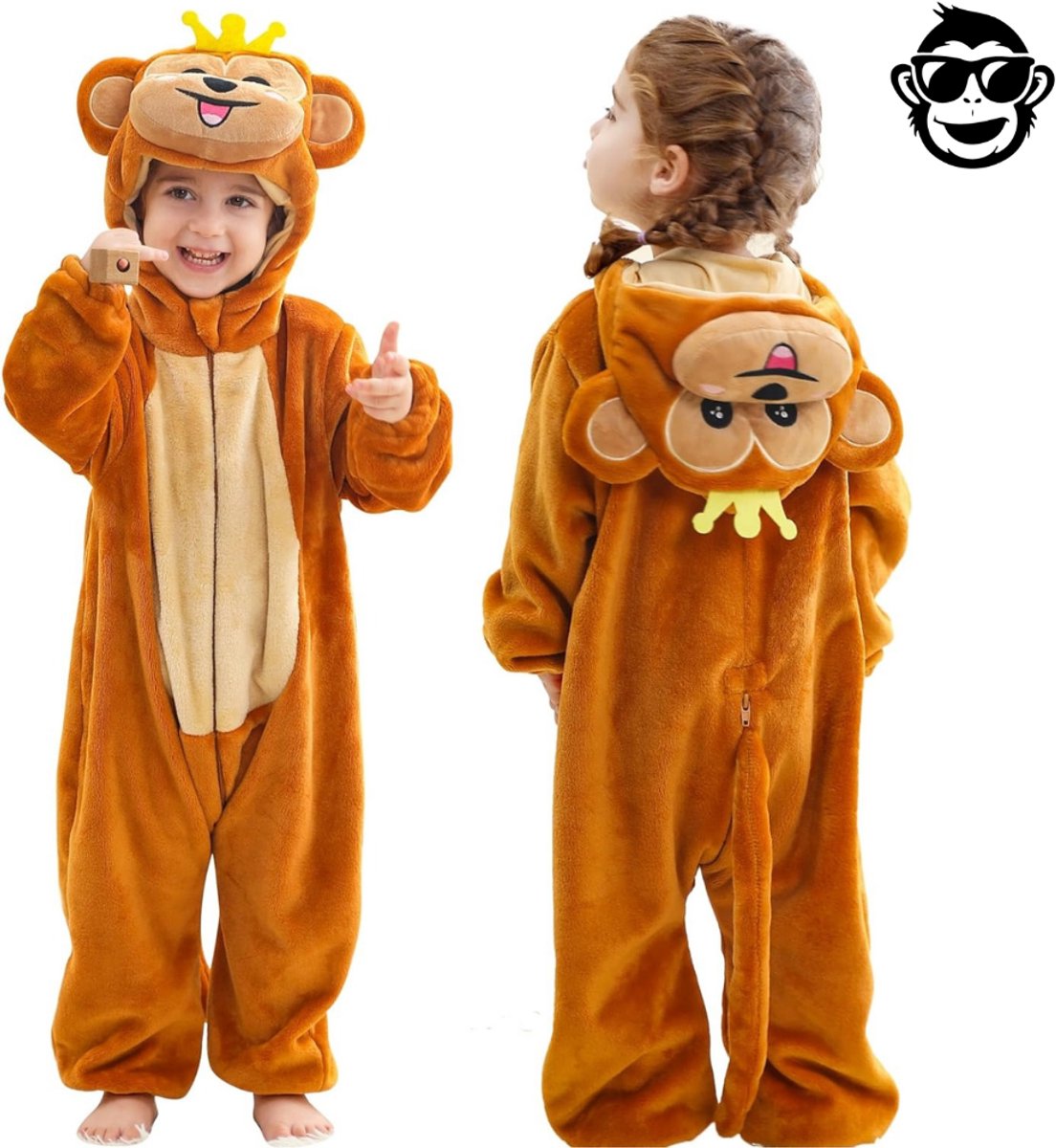 BoefieBoef Dieren Baby Onesie Peuter Pyjama Kinderen 6 maanden tot 2 jaar – Aap – Verkleedkleding met Luierrits – Kerst Carnaval Dierenpak - Kraamcadeau – Zacht Flanel - Romper - Boxpak - Jongens - Meisjes - Kruippak - Winterpak - Bruin - Monkey — afbeelding 4