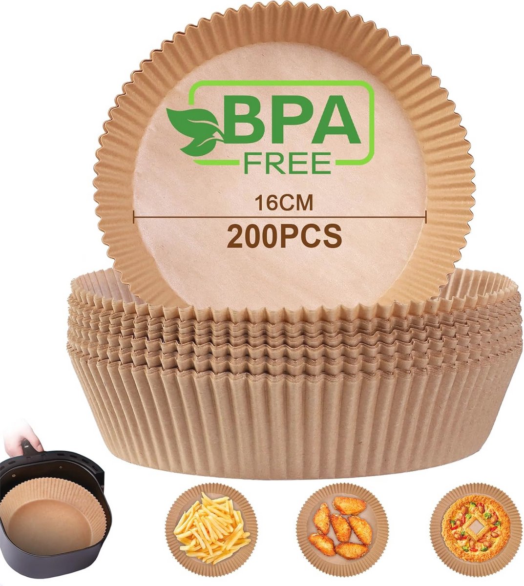 Bakpapier voor heteluchtfriteuse - 200 stuks - 16 cm - Oliebestendig en BPA-vrij