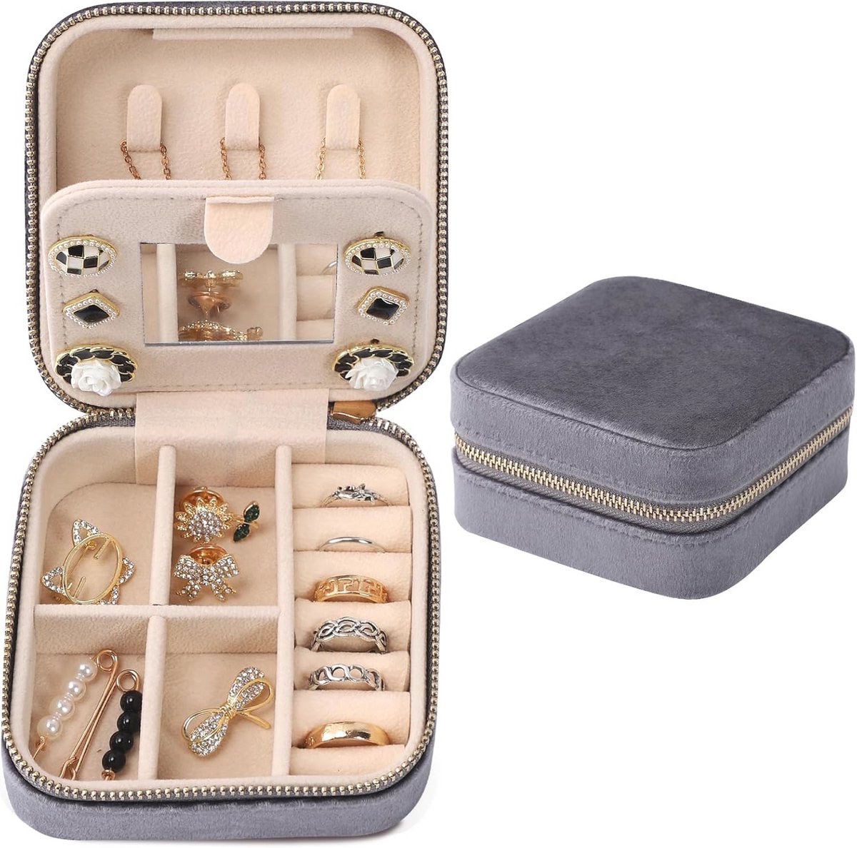 Fluwelen reisjuwelendoos - Draagbare mini sieradenetui met spiegel voor oorbellen, armbanden, ringen en kettingen
