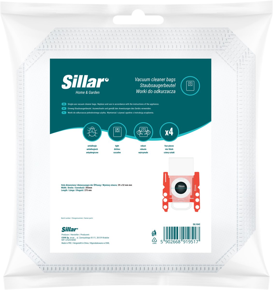 Sillar Stofzuigerzakken synthetisch - anti-allergeen - 5 filterlagen - vervanging voor BBZ41FGALL - geschikt voor stofzuigers Bosch GL30 GL45 GL50 GL80 Serie 2 4 6, Siemens - 4 stuks