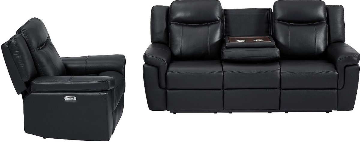 Vente-unique Elektrische driezits relaxbank en -fauteuil van leer KENNETH - Zwart