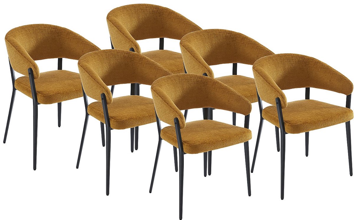 Vente-unique Set van 6 stoelen met armleuningen van stof en zwart metaal - Mosterdgeel - AVRELA Mosterdkleur