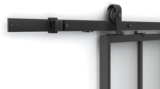 Détail d'un système de porte coulissante en acier noir avec une roue sur le rail.