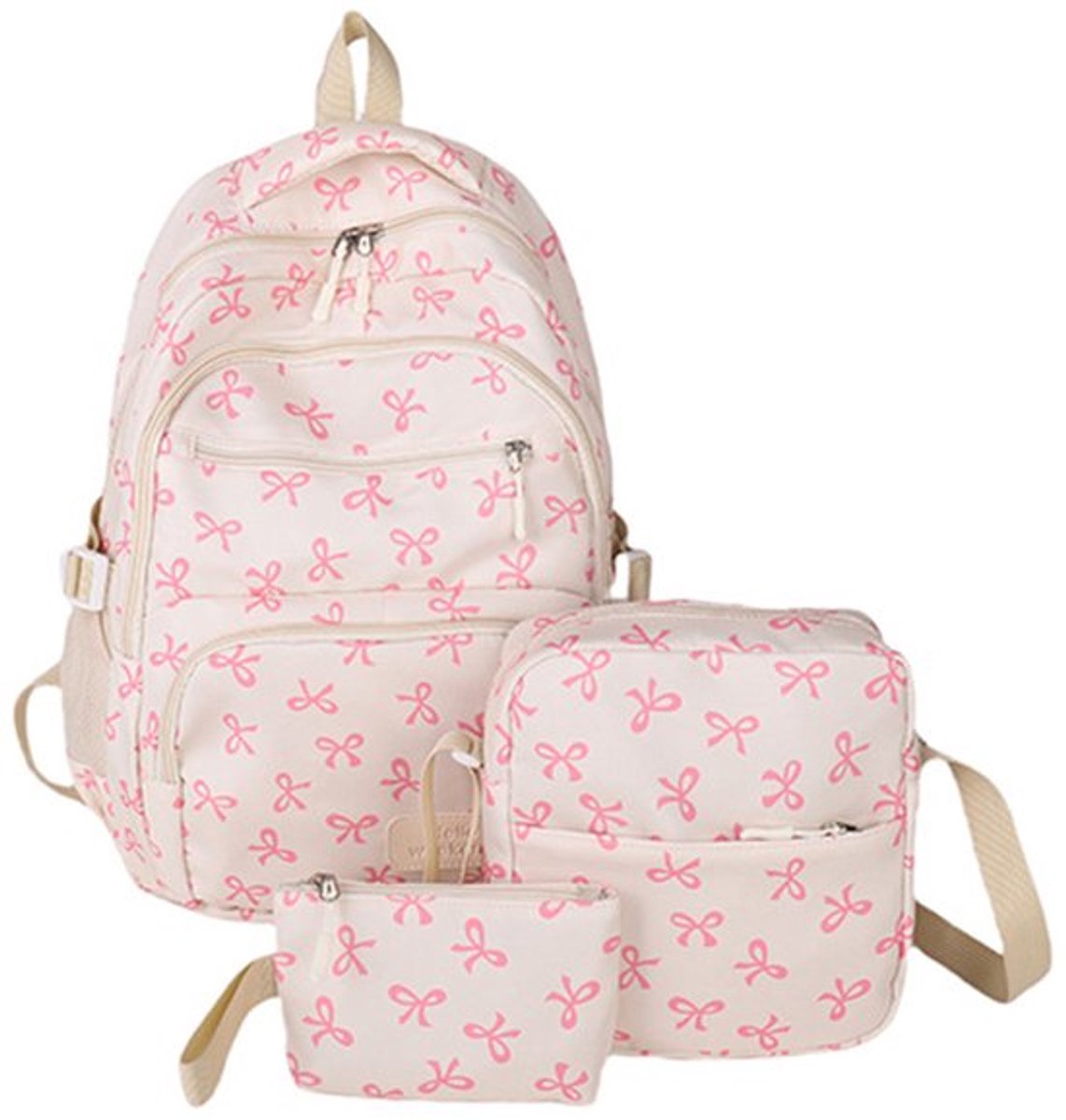 Schooltas - Rugtas - Tas - Rugtas Meisje - Schoolrugzak - 3-Pack Schattige Strik-Rugzakset - Esthetische Strik-Schooltas voor Dames en Meisjes - Grote Capaciteit Bedrukte Tas - voor Reizen, School, Woon-Werkverkeer