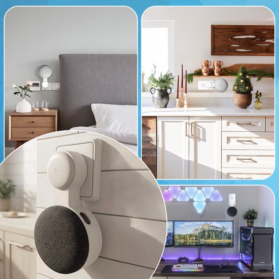 Collage: Witte houder voor Google Nest Mini in slaapkamer, keuken, en bij een game-opstelling.