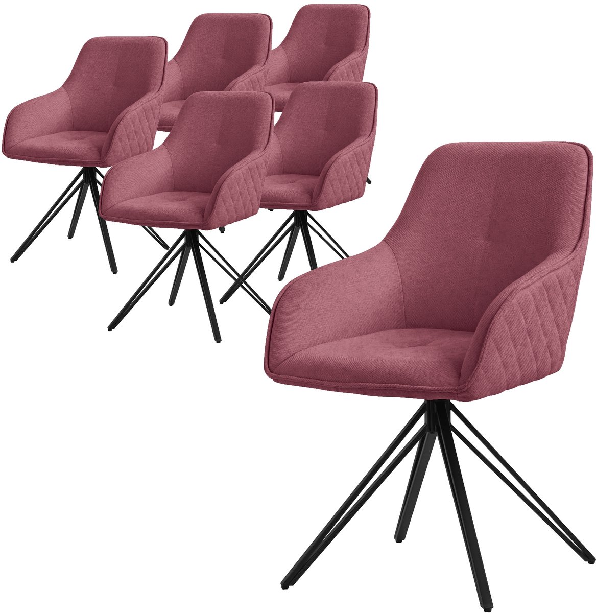 ml-design eetkamerstoelen draaibaar 6-delige set textiel geweven stof oud roze woonkamerstoel met armleuning/rugleuning 360° draaibare stoel gestoffeerde stoel met metalen poten ergonomische fauteuil