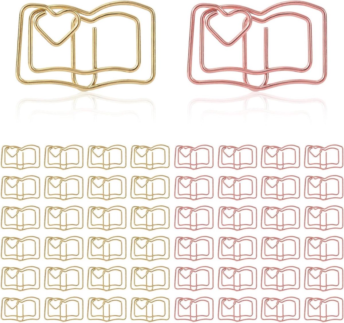 Paperclips in de Vorm van Een Boek - Roségoud en Goud - Set van 50 Stuks - Metalen Bladwijzers - Schattige en Leuke Paperclips - Memoclip Set voor Kantoor en Schoolbenodigdheden