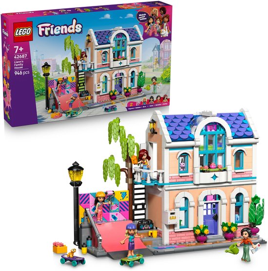 LEGO Friends Liann's Familiehuis doos met roze huis, skateboardbaan en zes poppetjes.