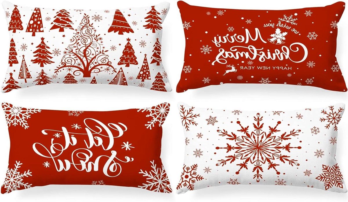 Cosensi Kussenhoezen 4 stuks wit rood 30 x 50 cm winterse sneeuwvlokken kerstkussens kerstdecoratie beddengoed bankdecoraties Any