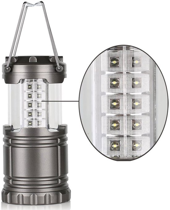Tentlamp met 30 LED's, waterdichte kampeerlamp, werkt op 3 AA-batterijen, noodlamp, draagbare kampeerlamp, werklamp en zaklamp (grijs) van Merkloos — afbeelding 2