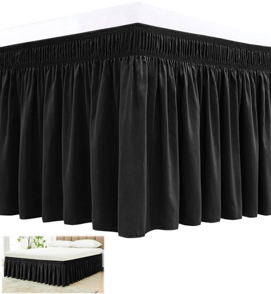 Jupe de lit élastique - Ajustement facile Jupe de lit d'angle - Jupe de lit - 45 cm Longueur de zoom Masque le matelas et le cadre de lit - 150 x 200 cm - Housse de matelas de jupe de lit - Jupe de lit avec volants - noir
