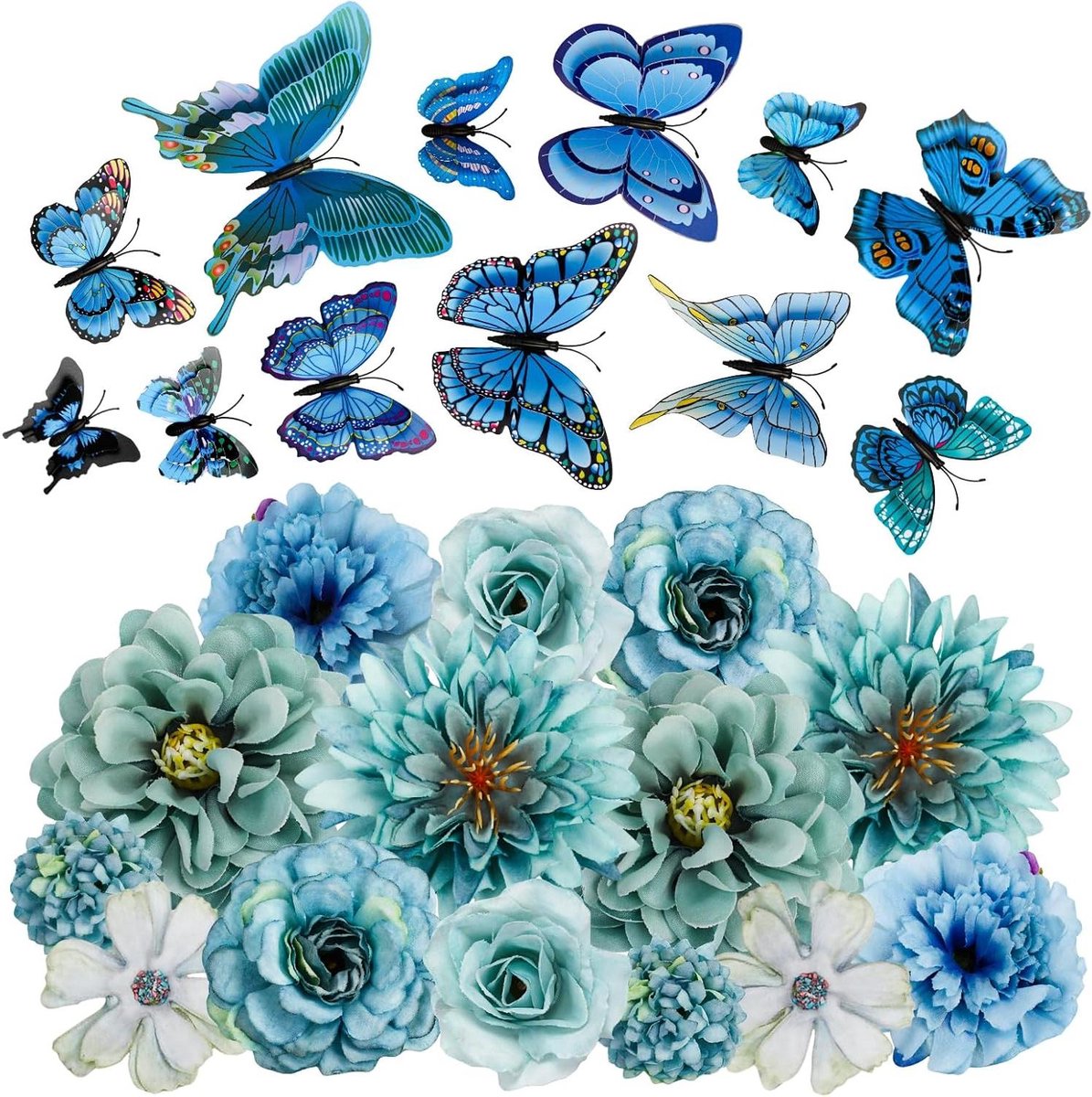 Cosensi Kunstbloemen 3D-vlinders Blauw - Set van 26 stuks voor knutselen doe-het-zelf krans cake boeketten bruiloft feest thuis Any
