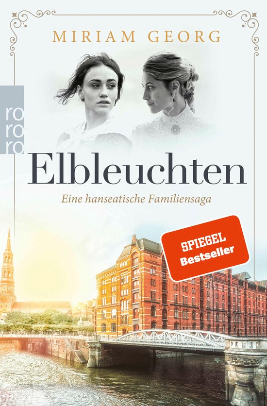 Boekcover met twee vrouwen, de titel "Elbleuchten" en een stadsgezicht met een brug en gebouwen aan het water.