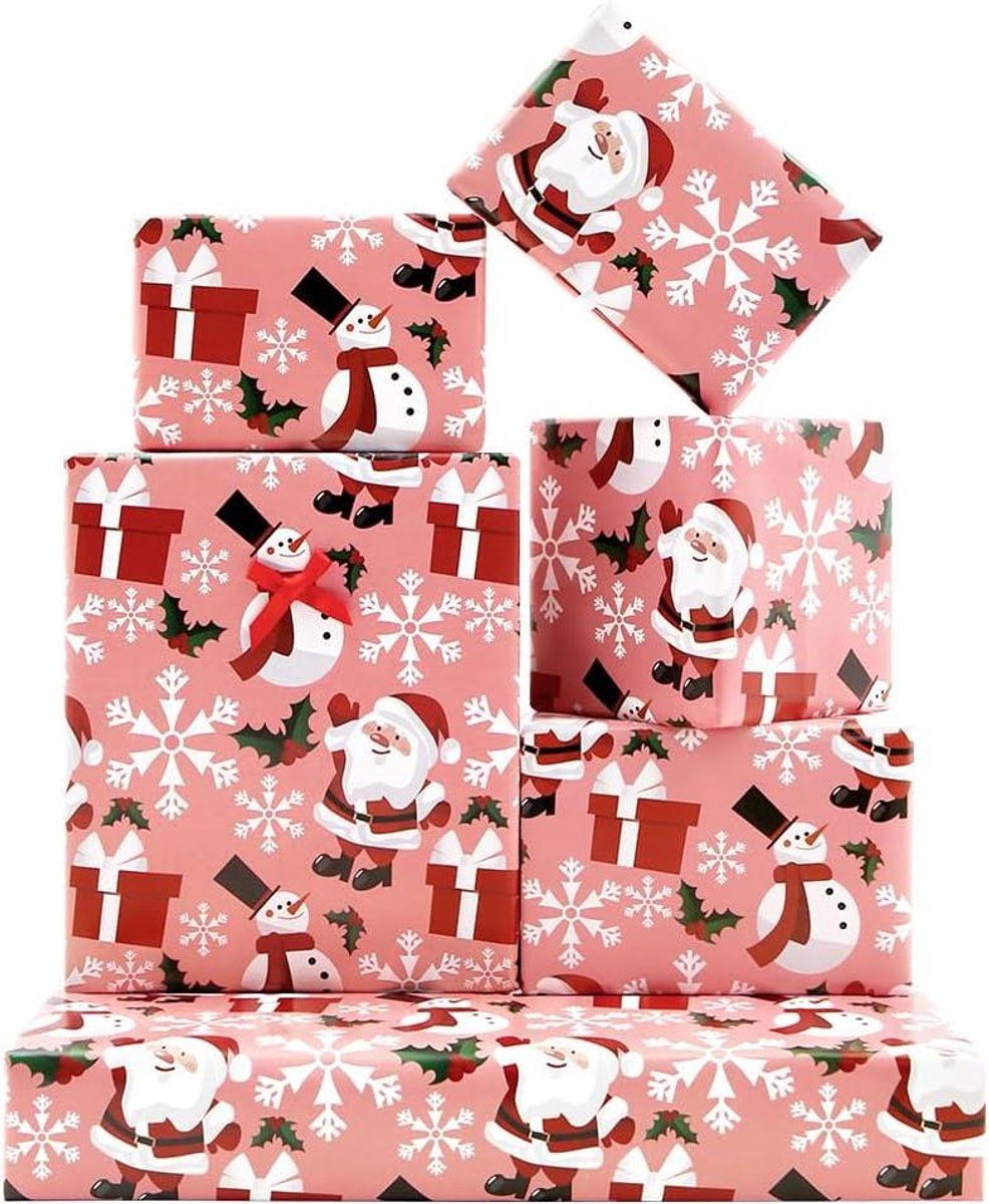 Cosensi - Kerstinpakpapier met Kerstman en Sneeuwpop in Roze - 4 Vellen voor Kerstmis en Verjaardagsfeestje