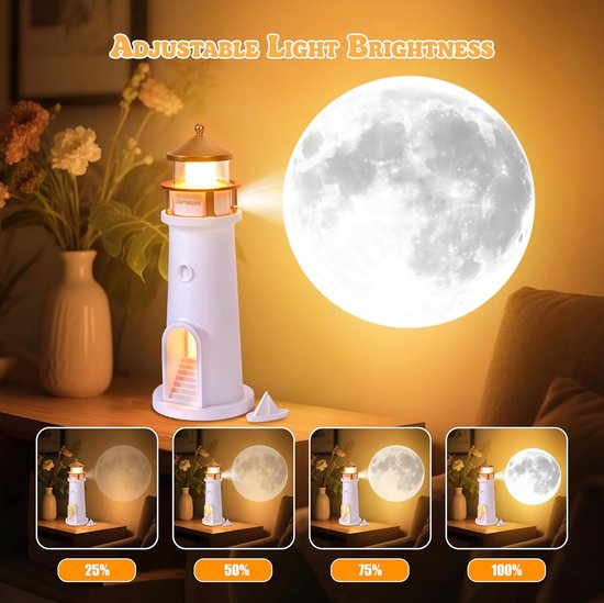 Maanlicht Projector Nachtlamp - Opladelbare Maanlamp met Afstandsbediening, Kids Vuurtoren Decoratieve Projector, van Starry Night — afbeelding 2