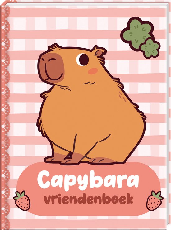 Een vriendenboek met een glimlachende capybara op een roze achtergrond met witte ruiten, met de tekst 'Capybara vriendenboek'.