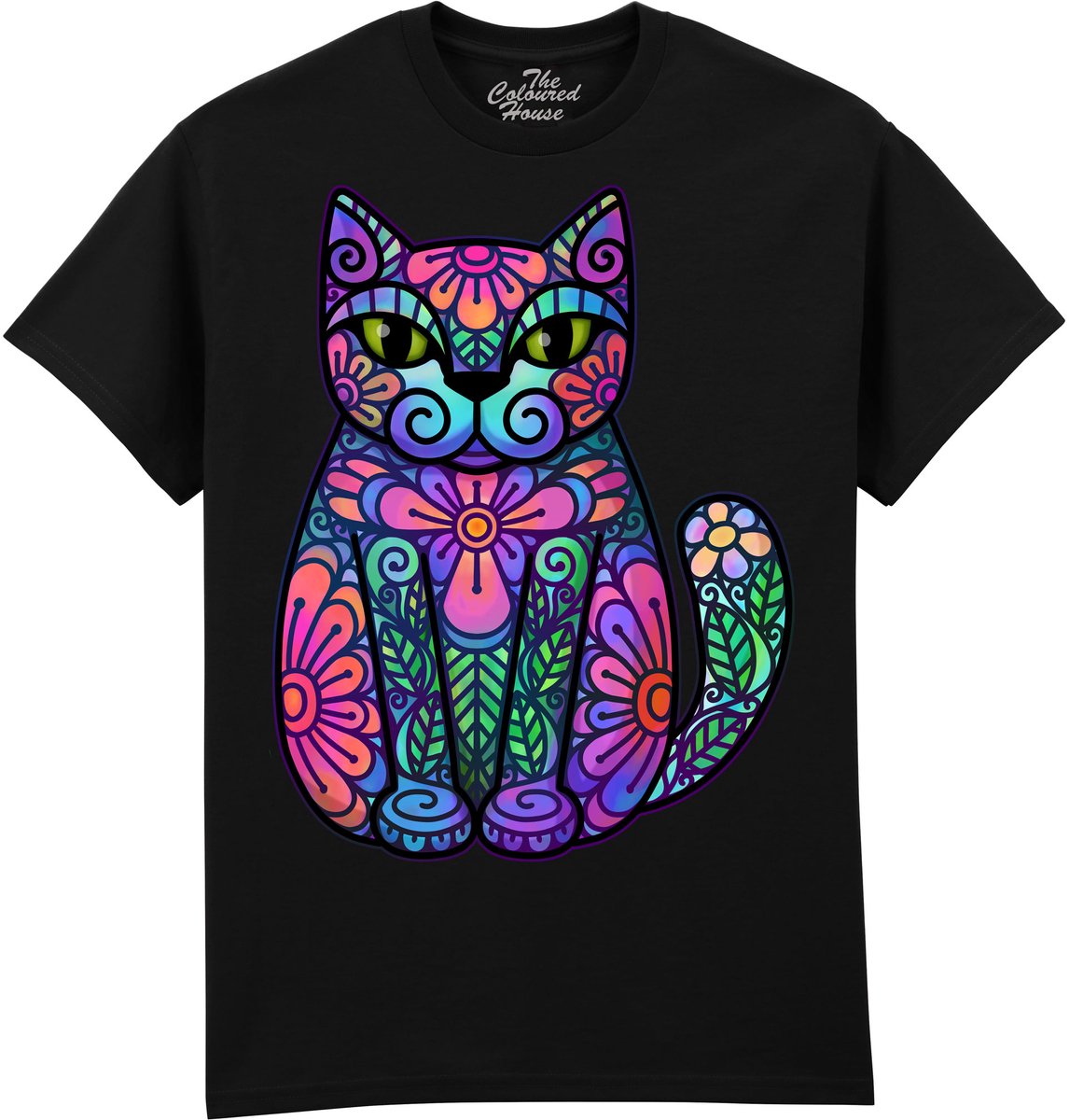 Katten Bloemen Flowers And Leaves Cat The Coloured House T-shirt XL