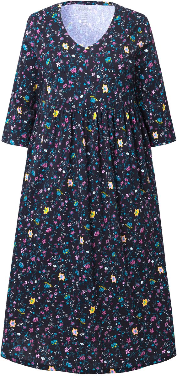 Ulla Popken Dames - Jersey jurk paisley-patroon A-lijn V-hals 3/4-mouwen - Zwart - Maat 62+