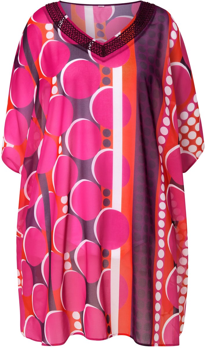 Ulla Popken Dames - Tuniek chiffon stippen oversized V-hals halve mouwen - Hibiscusrood - Maat 3+
