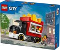 LEGO City snackbartruck verpakking. Rode truck met gouden frietjes, met stad op de achtergrond.