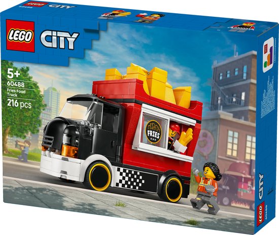 LEGO City snackbartruck verpakking. Rode truck met gouden frietjes, met stad op de achtergrond.