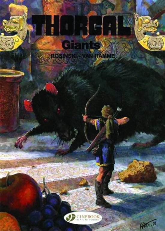 De cover van het stripboek 'Thorgal: Reuzen'. Een jonge krijger met een pijl en boog staat tegenover een grote zwarte rat met rode ogen.